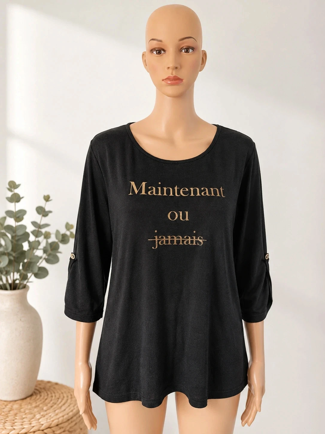 T-shirt femme noir imprimé "Maintenant ou jamais" manches 3/4 – Taille L